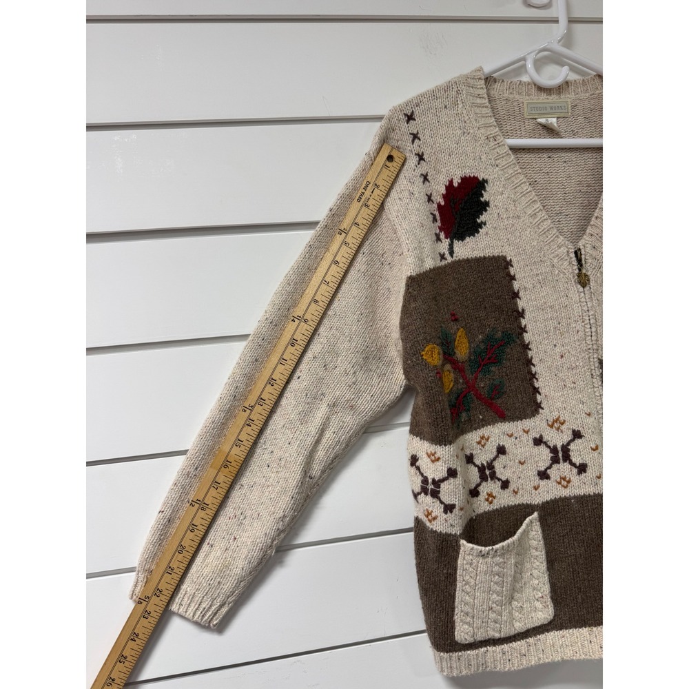 Studio Works Vintage Oatmeal Speckled Fall Patchwork Zip Cardigan Sweater XL - Picture 3 of 9